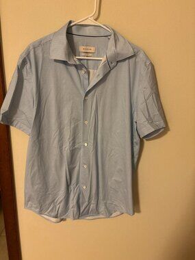 Bugatchi Mens Shirt Large Blue Micro Dot 8-Way Stretch Short Sleeve